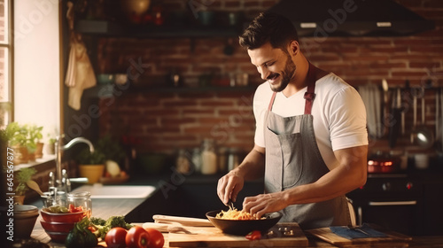 Young man cooking lunch at home. Handsome man preparing delicious food.