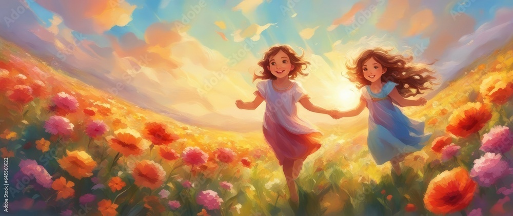 Portrait of smiling girl playing, jumping and running on grass hay field paths of dry grass in the sunset. Anime Style Portrait of smiling girl playing, jumping and running on grass hay field paths of dry grass in the sunset. Anime Style