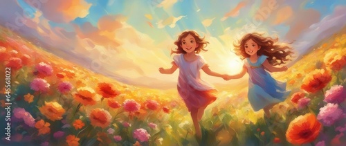 Portrait of smiling girl playing, jumping and running on grass hay field paths of dry grass in the sunset. Anime Style