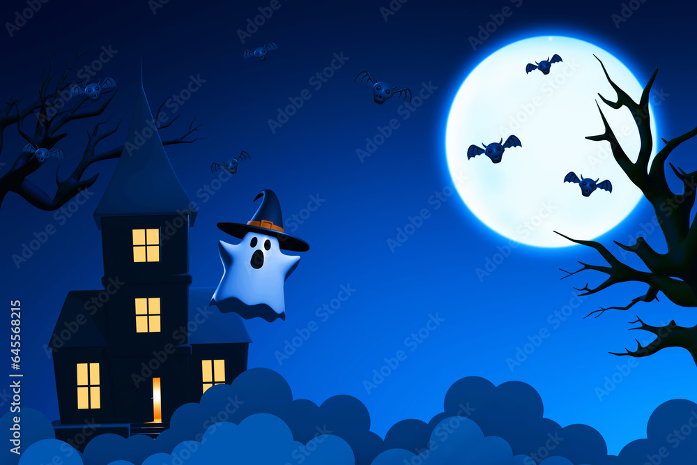 Cartoon haunted house and funny white ghost sheet with witch hat with full moon and flying bat on 3d illustration