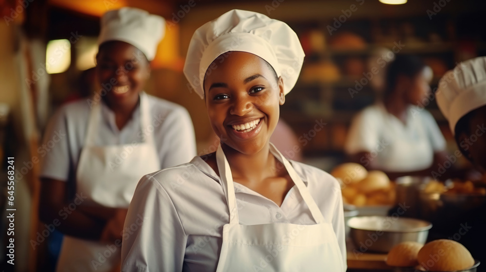 Smiling African female bakers looking at camera..Chefs baker in a chef dress and hat, cooking together in kitchen.Team of professional cooks in uniform preparing meals for a restaurant in kitchen.