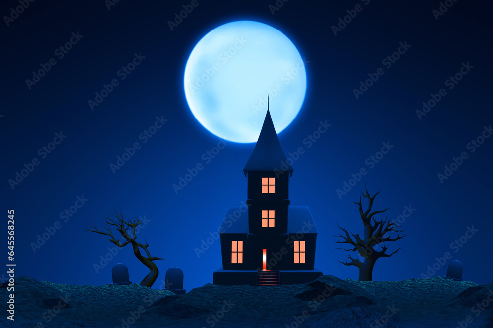 Cartoon haunted house on graveyard cemetery with full moon 3d illustration
