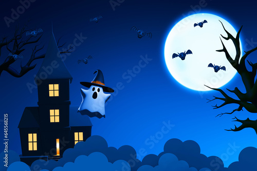 Cartoon haunted house and funny white ghost sheet with witch hat with full moon and flying bat on 3d illustration