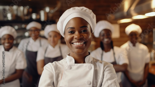 Smiling African female bakers looking at camera..Chefs baker in a chef dress and hat, cooking together in kitchen.Team of professional cooks in uniform preparing meals for a restaurant in kitchen.