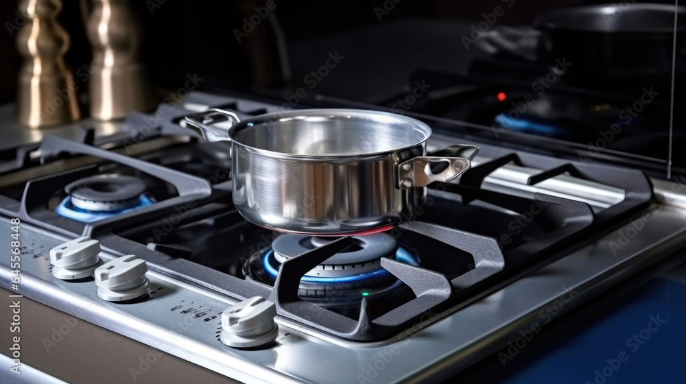 Stainless pan on the hob, cooking on a gas stove, the cost of gas Stainless pan on the hob, cooking on a gas stove, the cost of gas