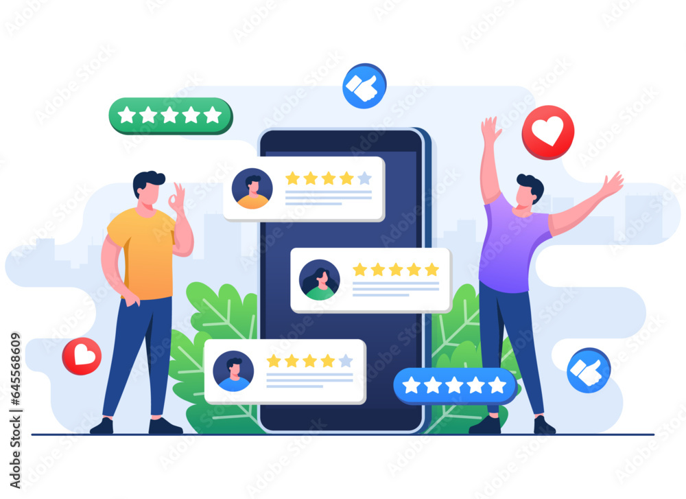 Customer feedback flat illustration banner for ui/ux, social media, Positive ratings on smartphone, Customer satisfaction, Review, online survey, People evaluate product, service, application, website