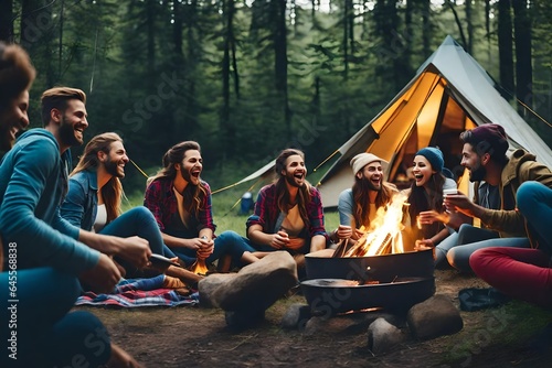 Camping in the countryside, a happy bunch of millennials are laughing and having fun together around a campfire