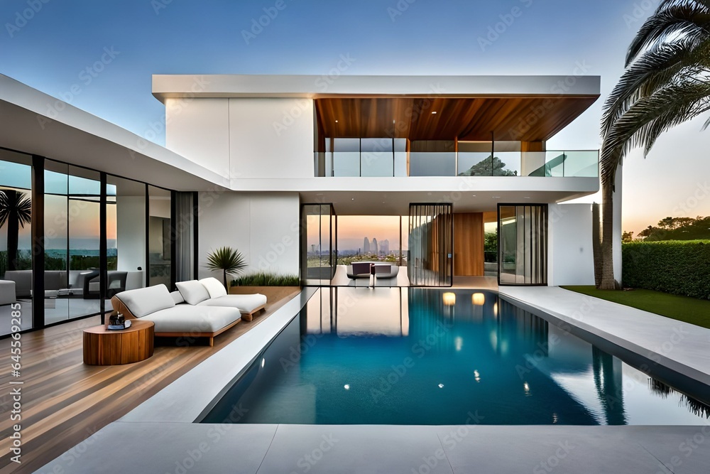 View of Modern villa with a private rooftop infinity pool overlooking the Miami ...
