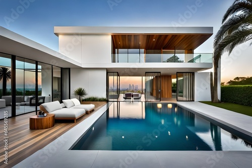 Modern villa with a private rooftop infinity pool overlooking the Miami skyline in Florida © muhmmad