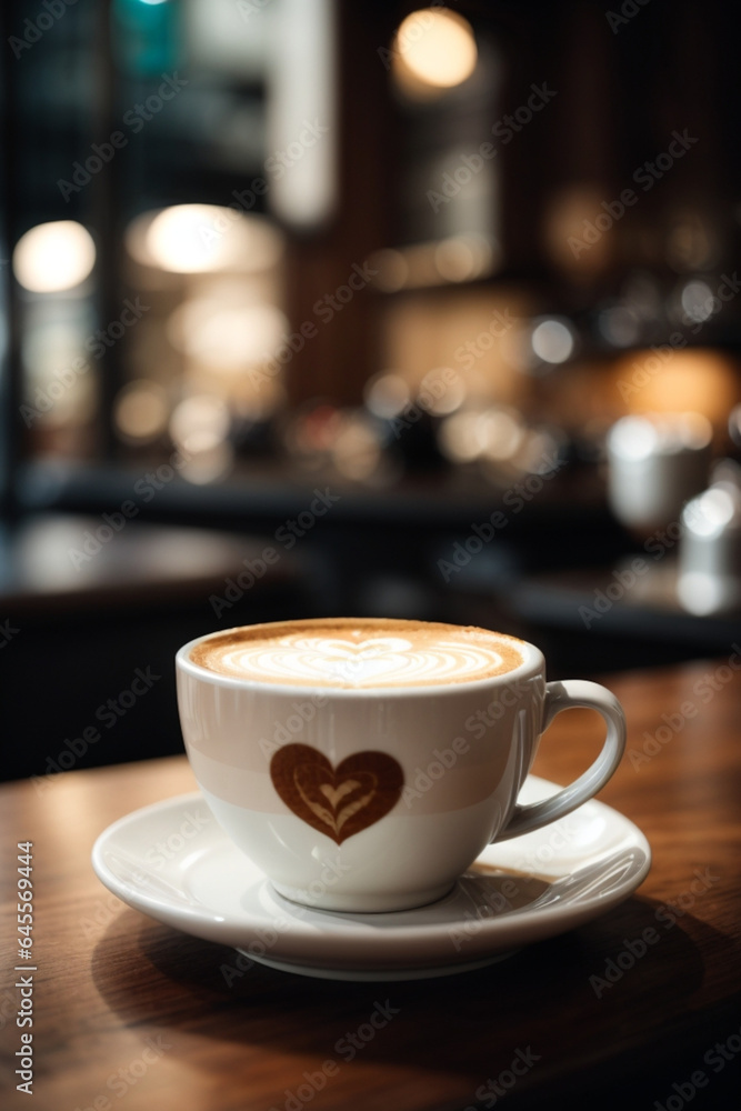 Close up white coffee cup with heart shape latte art on wood tab Close up white coffee cup with heart shape latte art on wood tab