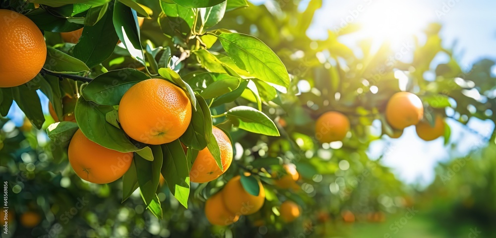 close up beautiful ripe big oranges on tree with light glow from behind Generative Ai close up beautiful ripe big oranges on tree with light glow from behind Generative Ai
