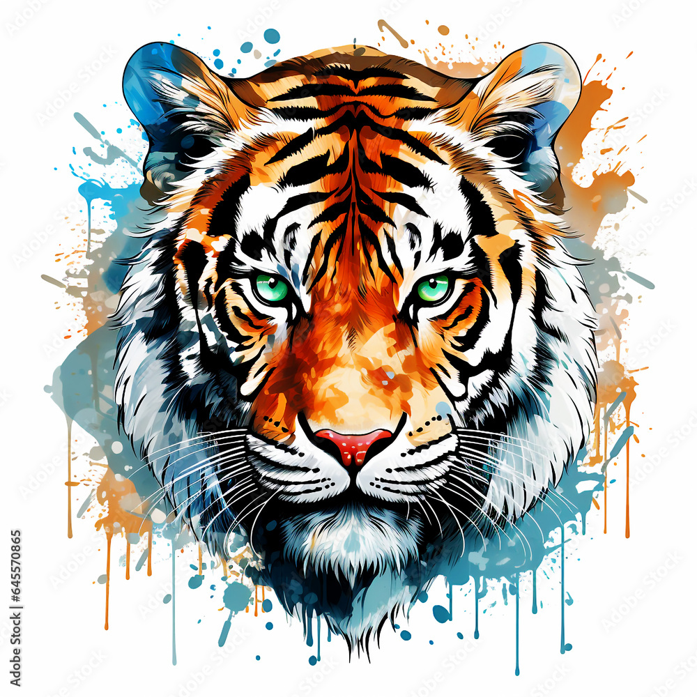 4K tiger t-shirt design, 2D flat vector design, contour, clear outline, watercolor themed, white background, high resolution
