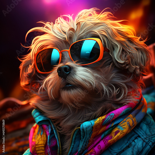 4K Yorkshire Terrier, yorkie dog wearing sunglasses and a hat, t-shirt design dog, chaotic, anime , Glam Rock, top-down, 2d platformer, Grainy, game art, vivid colors, led lighting, high resolution © Susith