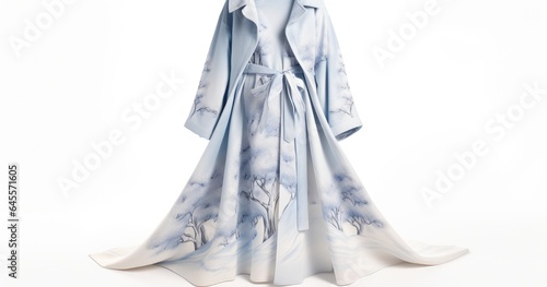 coat robe on a white background, in the style of delicate landscapes, spray painted realism, light gray and light blue, chinapunk, precise and lifelike, fawncore, realistic impression