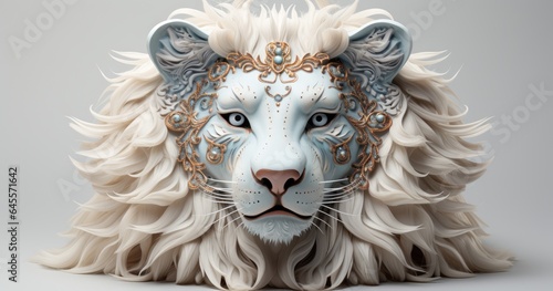 a lion head with hair and beaded ears, in the style of photobashing, white and cyan, gemstone, ray caesar, sergey musin, ornate, exotic