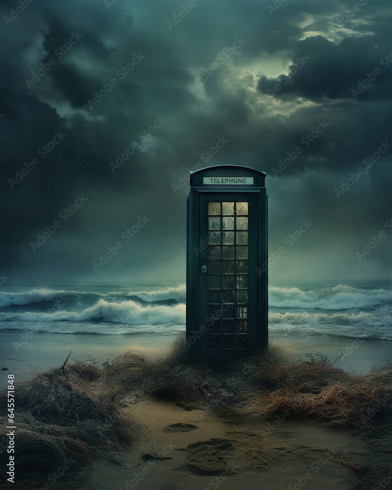 A surreal landscape of a telephone booth situated  on a deserted beach at night. Haunting. Mysterious graphic asset. Fog and mist and dark skies. - obrazy, fototapety, plakaty 