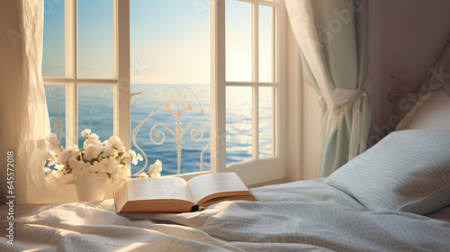 A book lies on a bed in front of an open window