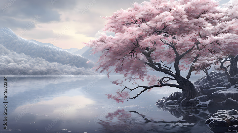 Majestic Cherry Blossom Tree by the Frosty Lake