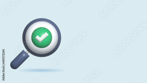 3d realistic illustration Magnifying glass with check mark. Search and approved. Find a validation