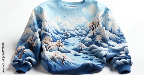 sweatshirt with a winter scene painting on it, in the style of surreal 3d landscapes, traditional chinese painting, detailed world-building, bold, cartoonish lithographs, dragoncore, airbrush art, rea photo