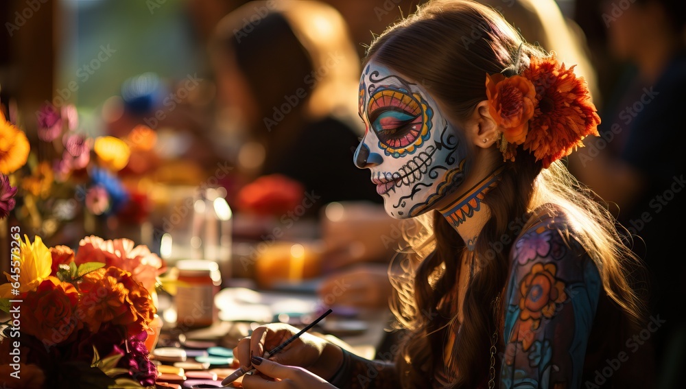 Dia de los Muertos. Day of the Dead celebration in Mexico. Girl with sugar skull make up.