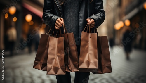 woman holding shopping bags in the city.