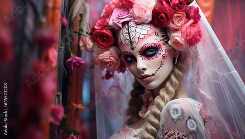 Beautiful woman with sugar skull makeup and flowers in her hair.
