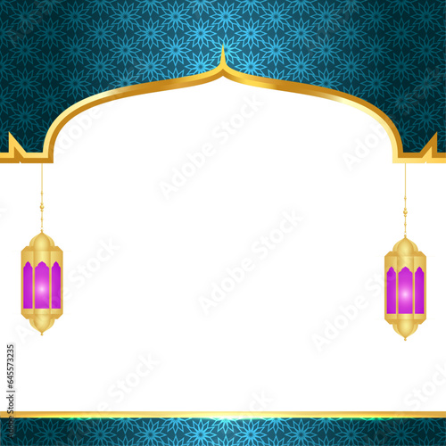 Arabic Islamic Arch Green and Golden Luxury Ornamental Background with Islamic Pattern Frame