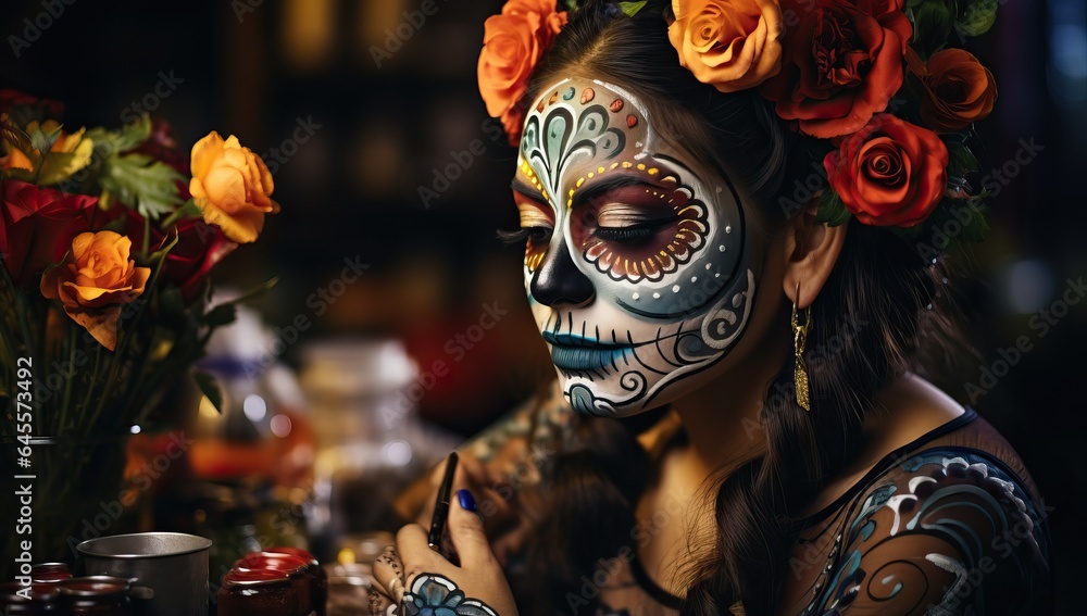 Day of the Dead, woman with sugar skull makeup. Dia de los muertos. Day of the Dead, woman with sugar skull makeup. Dia de los muertos.