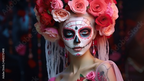 Day of the Dead. Sugar skull makeup woman with flowers in her hair.