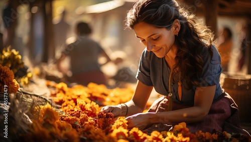 Young woman making orange jasmine petals at the flower shop