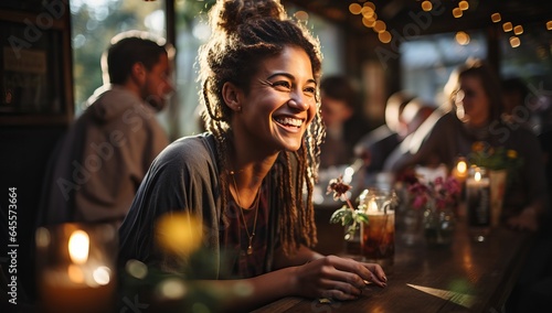 Portrait of a smiling young woman sitting at a bar counter in a pub