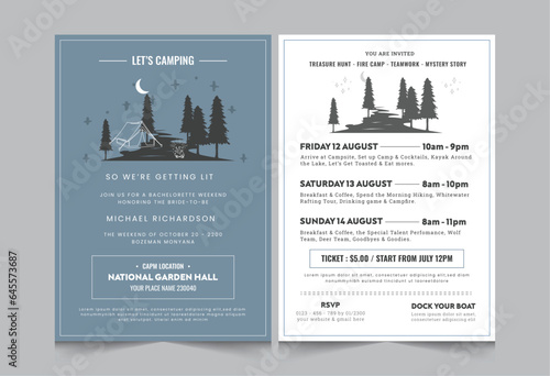 Camping activity invitation layout template, weekend activities a4 poster or flyer design, vector illustration eps 10