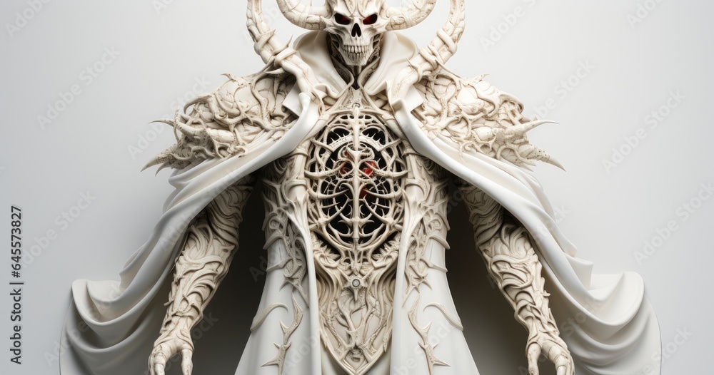 white skeleton with horns and lace on white walls, in the style of zbrush, masamune shirow, organic stone carvings, exquisite clothing detail, multi-layered figures, intricately sculpted, lith printin