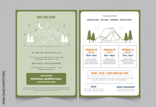 Weekend activity layout template, Camping night or day invitation flyer or poster design, vector illustration eps 10