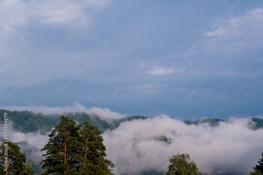 Fototapeta premium Mountains and peaks in fog at sunrise or sunset. Sun from behind the mountain. Amazing view of mountains and forest landscape with cloudy skies Altai mountains. Mountains and peaks in fog at sunrise