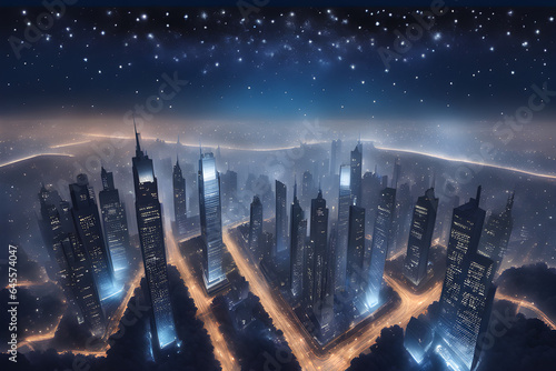 The shimmering cityscape against the night sky. Generative AI.