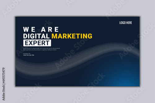 We are Digital Marketing expert agency landscape banner. vector editable template file. dark blue with soft light gradient color bg for web poster, banner