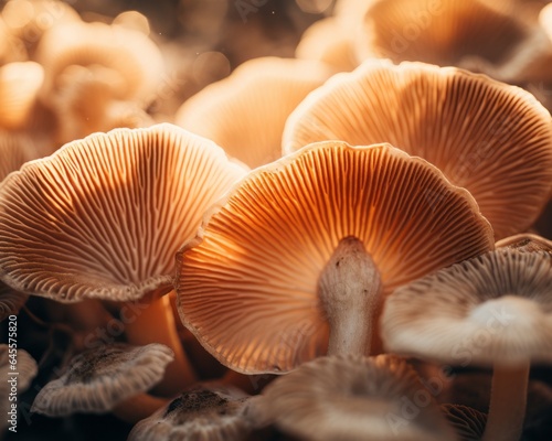 Fungi, Mushrooms, Eco Natural Macro Photograph, Beige, Brown, Golden, Earthy, Backlit, Golden Hour Photography, Close-up, Extreme Detail, Vintage Mood, Soft Light