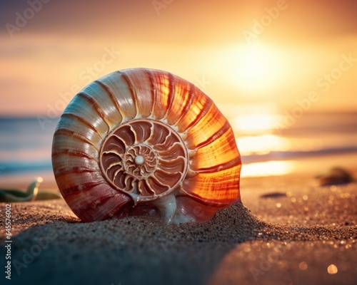 Closeup photo of seashell on the beach at sunset with golden lighting