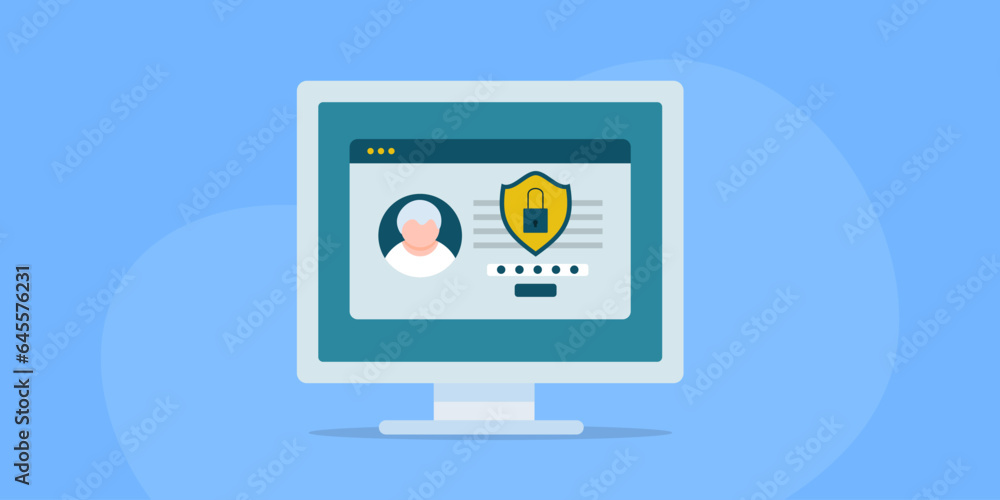 Personal data privacy and cyber security, lock and shield with passcode on computer screen, vector illustration.