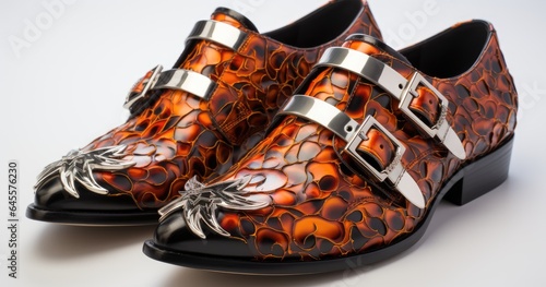  pair of orange leather shoes, with skulls and buckles, in the style of digital print, reductionist form, creative commons attribution, shiny/glossy, light amber and black, mote kei, smilecore