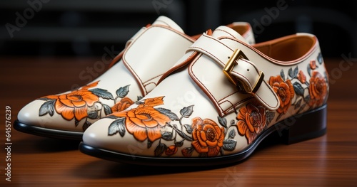  pair of orange leather shoes, with skulls and buckles, in the style of digital print, reductionist form, creative commons attribution, shiny/glossy, light amber and black, mote kei, smilecore photo