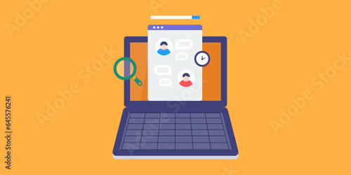 Find and restore previous chat history, message dialogue box web application laptop screen, vector illustration banner.