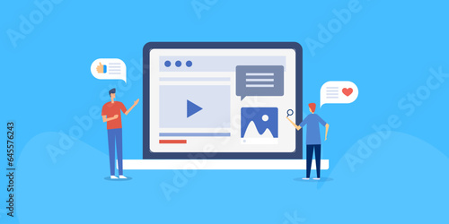 Customer engagement concept, people browsing social media content on laptop screen, business digital marketing followers' audience retention strategy vector banner.