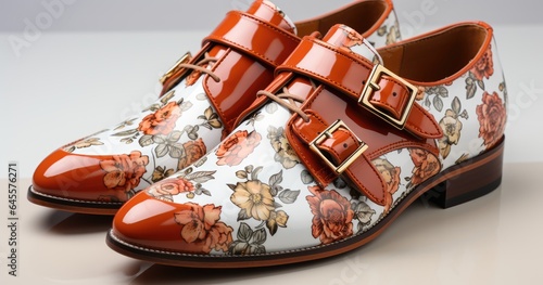  pair of orange leather shoes, with skulls and buckles, in the style of digital print, reductionist form, creative commons attribution, shiny/glossy, light amber and black, mote kei, smilecore photo