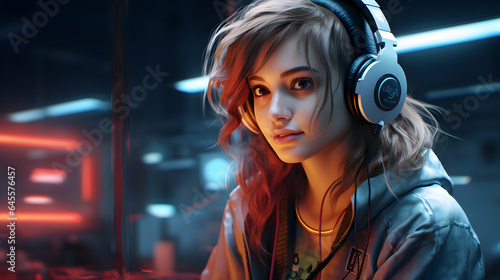 Gamer Girl with Headphones AI Generated Image