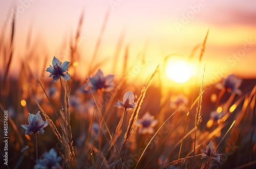 blue flower blossom in  dry grass field, Generative Ai