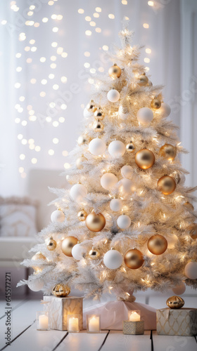 white golden christmas tree with gift boxes, cozy home decoration