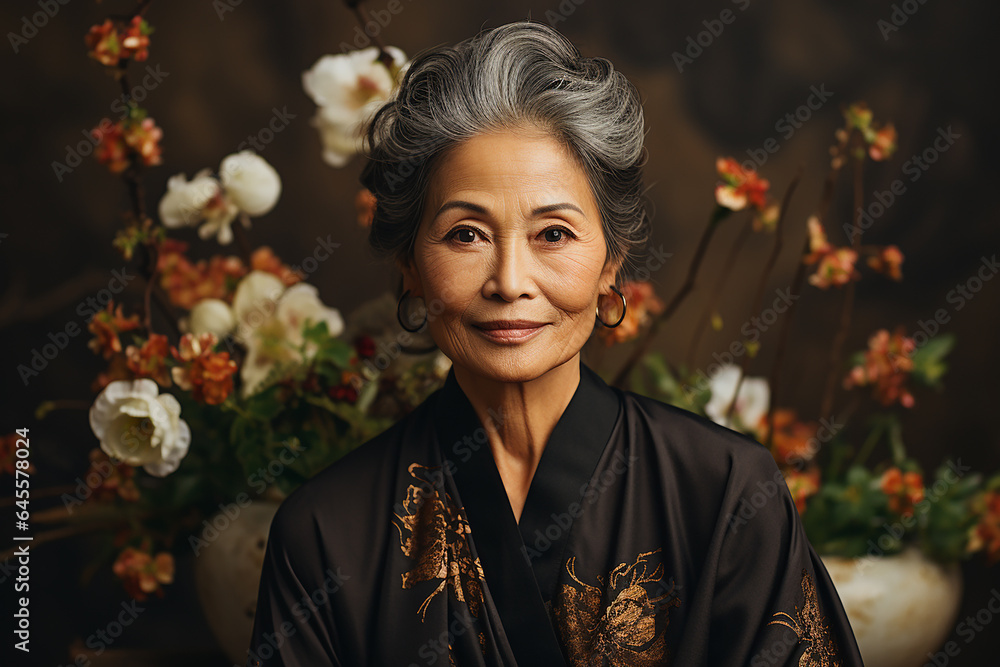 Studio portrait of elegant asian elderly old woman on different colours background - obrazy, fototapety, plakaty 